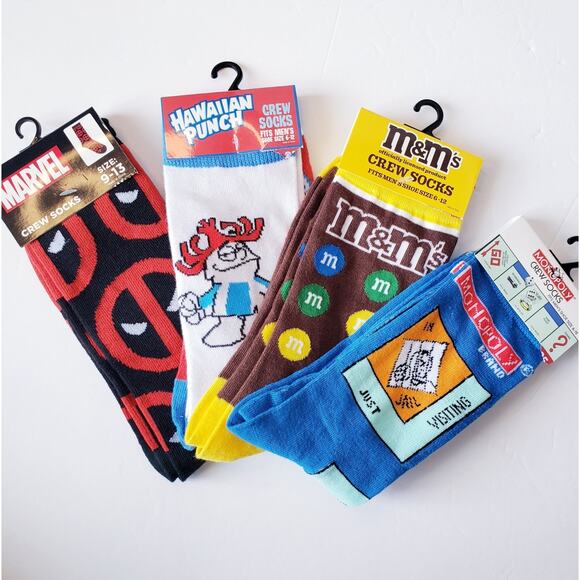 4 Mens Novelty Socks M&M's Hawaiian Punch Deadpool Monopoly Crew Socks Size 6-12 - Picture 1 of 5